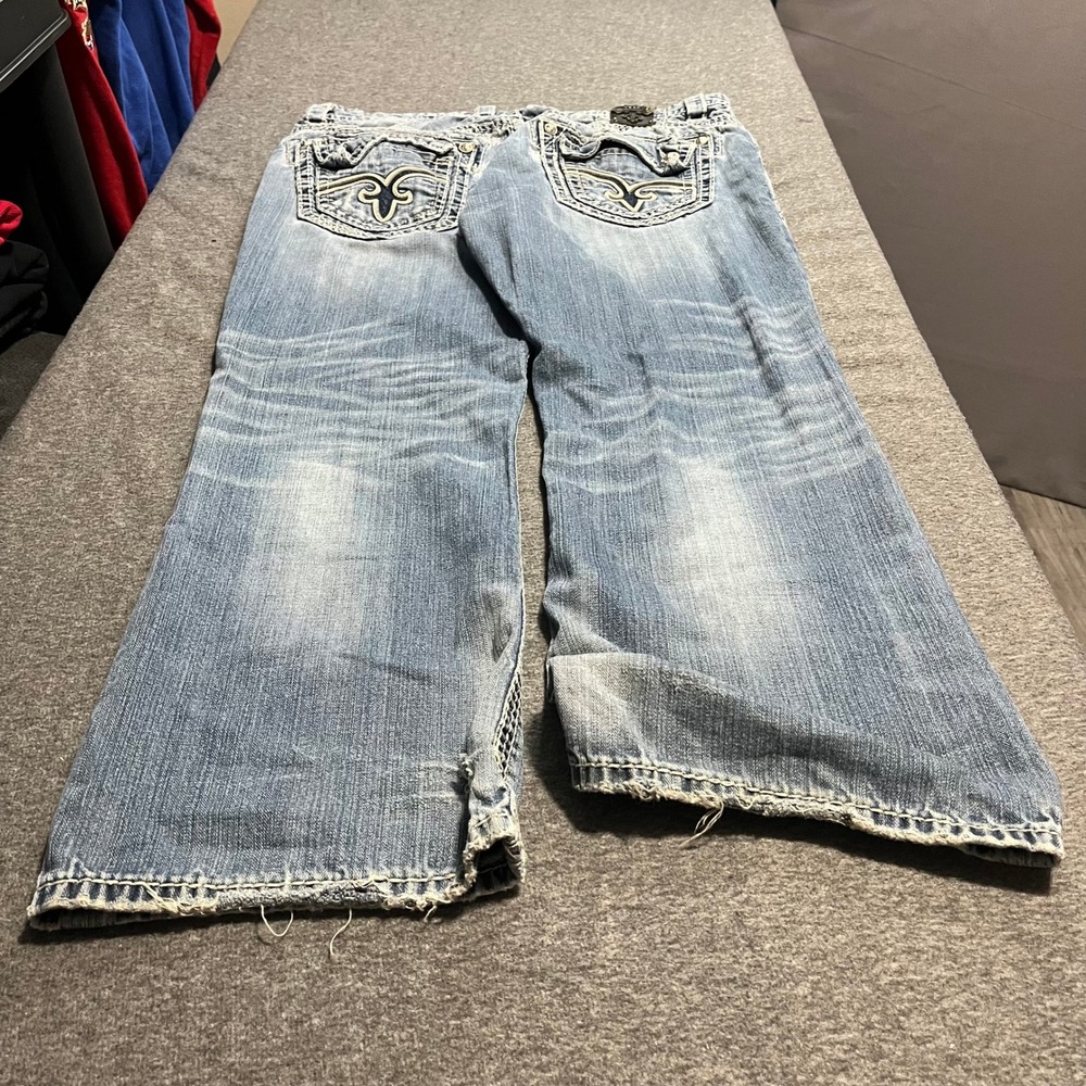Rock Revival Jasper Bootcut Jeans Mens 40 Distressed Light Wash Fleur De Lis
